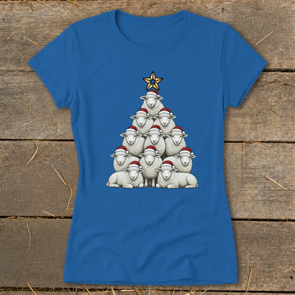 Blue t-shirt with sheep arranged in a Christmas tree shape wearing Santa hats.