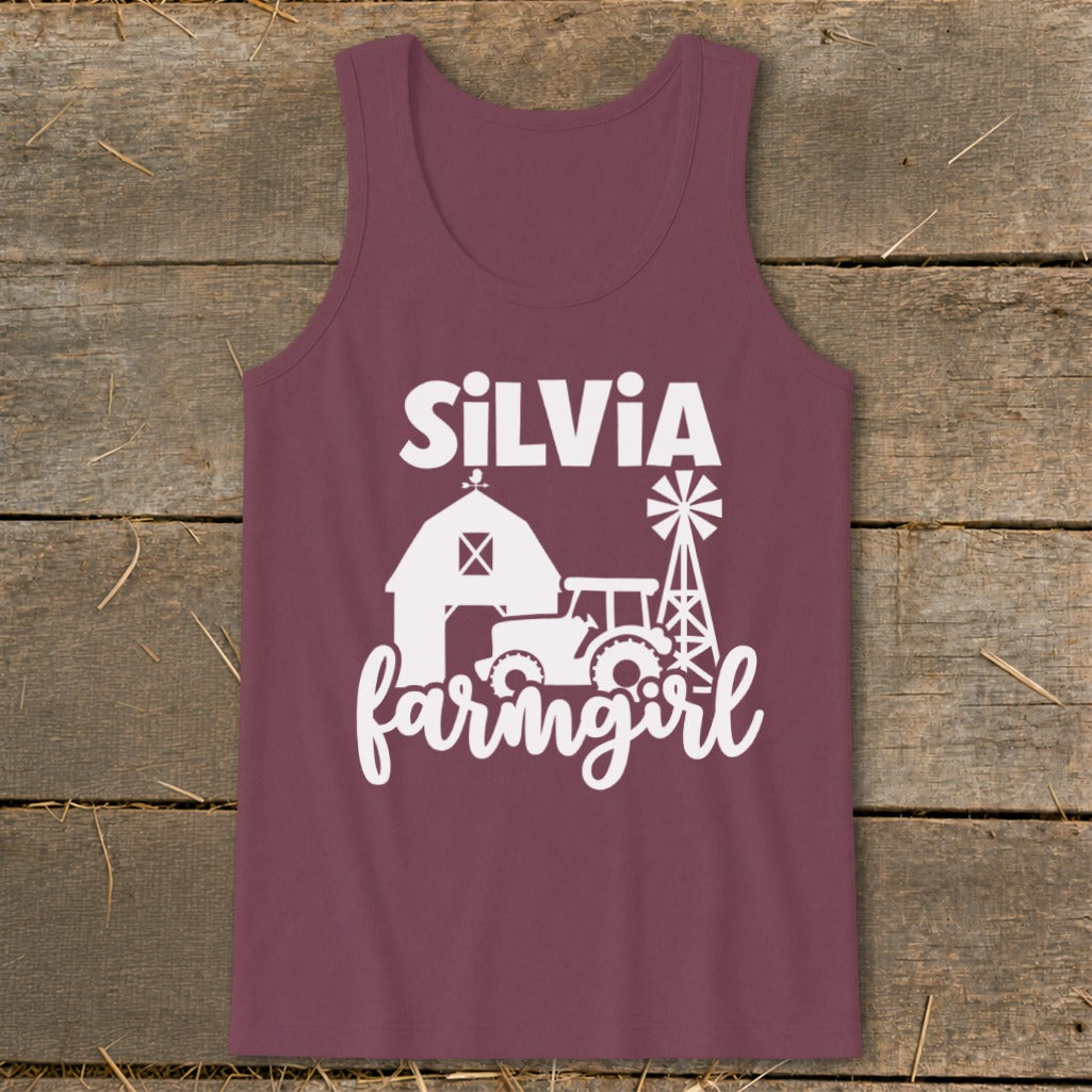 Burgundy tank top with "SiLVIA farmgirl" and farm graphics.
