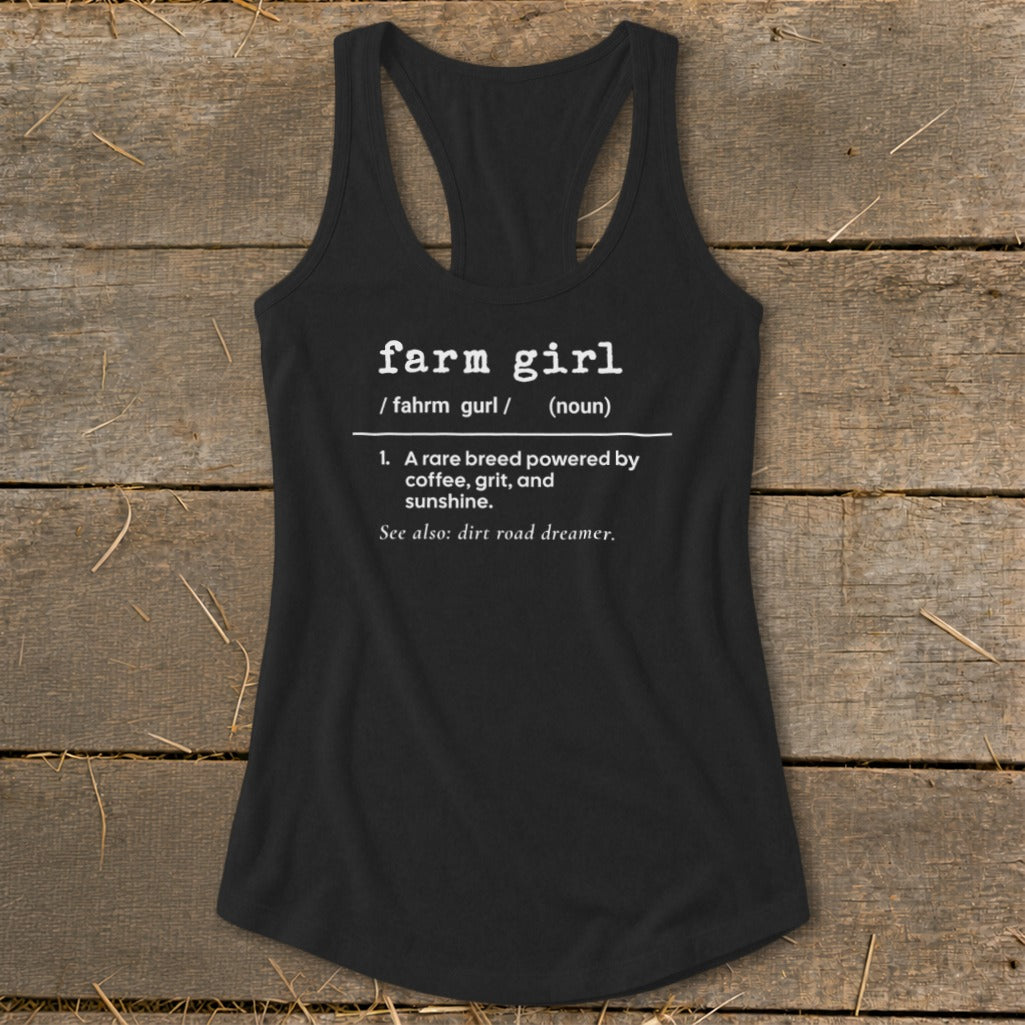 Black tank top with "farm girl" definition: "A rare breed powered by coffee, grit, and sunshine."