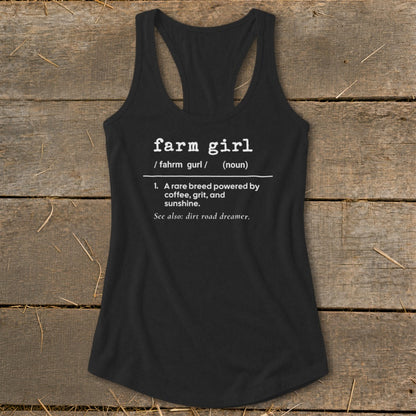 Black tank top with "farm girl" definition: "A rare breed powered by coffee, grit, and sunshine."