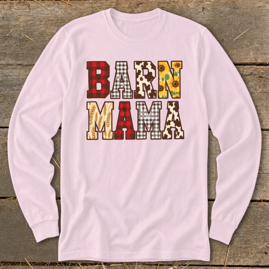 Pink long-sleeve shirt with "BARN MAMA" text in various farm-themed patterns.