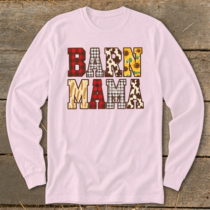 Pink long-sleeve shirt with "BARN MAMA" text in various farm-themed patterns.