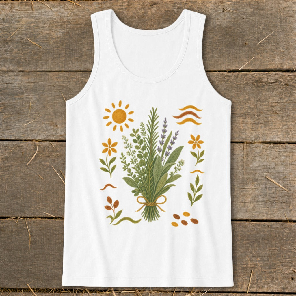 White tank top with a floral bouquet and botanical accents, including sun and wavy lines.