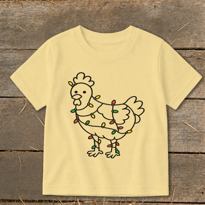 Light yellow t-shirt with a chicken graphic wrapped in colorful Christmas lights.