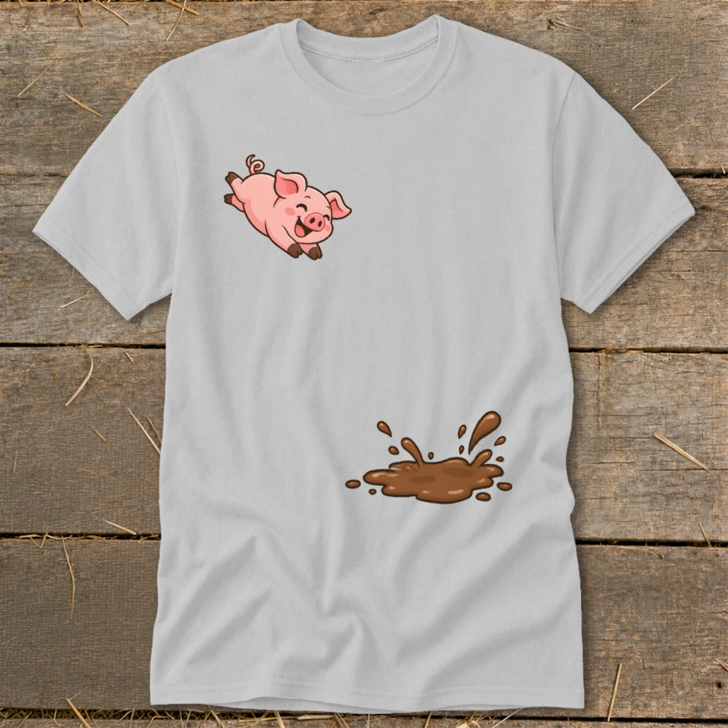 Gray t-shirt with a cartoon pig jumping over a puddle of mud.