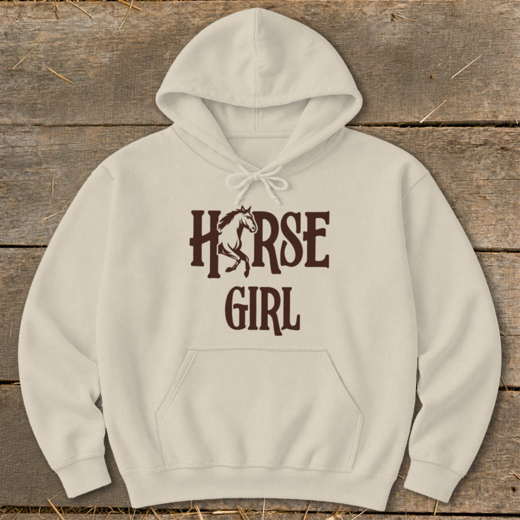 Cream hoodie with "HORSE GIRL" text and horse graphic.