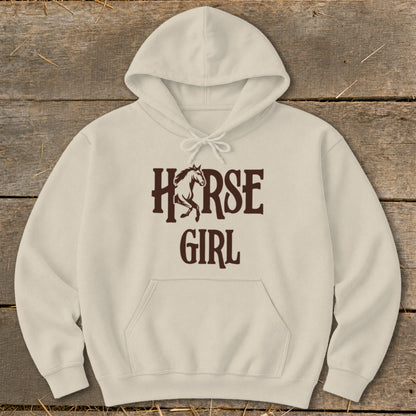 Cream hoodie with "HORSE GIRL" text and horse graphic.