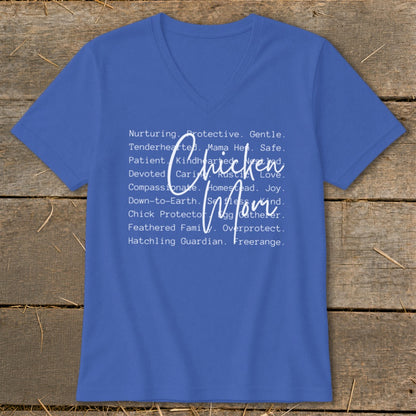 Blue v-neck t-shirt with "Chicken Mom" in script and descriptive words.