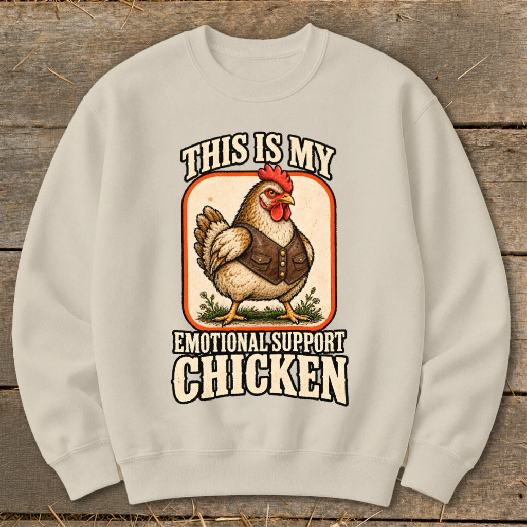 Sweatshirt with text "THIS IS MY EMOTIONAL SUPPORT CHICKEN" and chicken illustration.