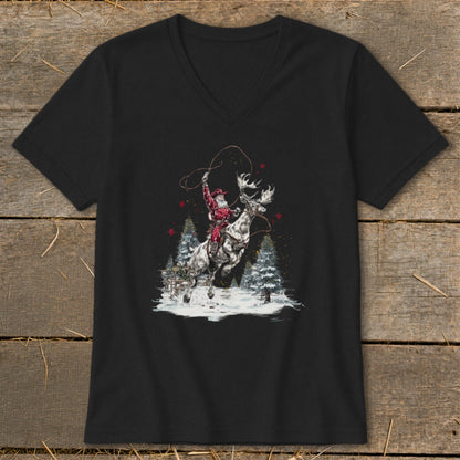 Santa Claus rides a moose while lassoing in a snowy forest scene.