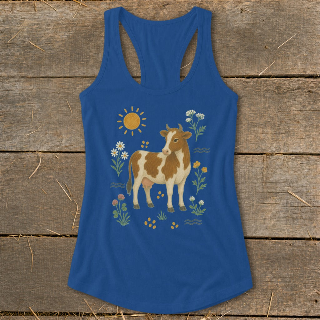 Blue tank top with a brown and white cow illustration surrounded by flowers.