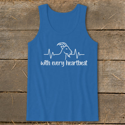 Blue tank top with white goat heartbeat graphic and text.