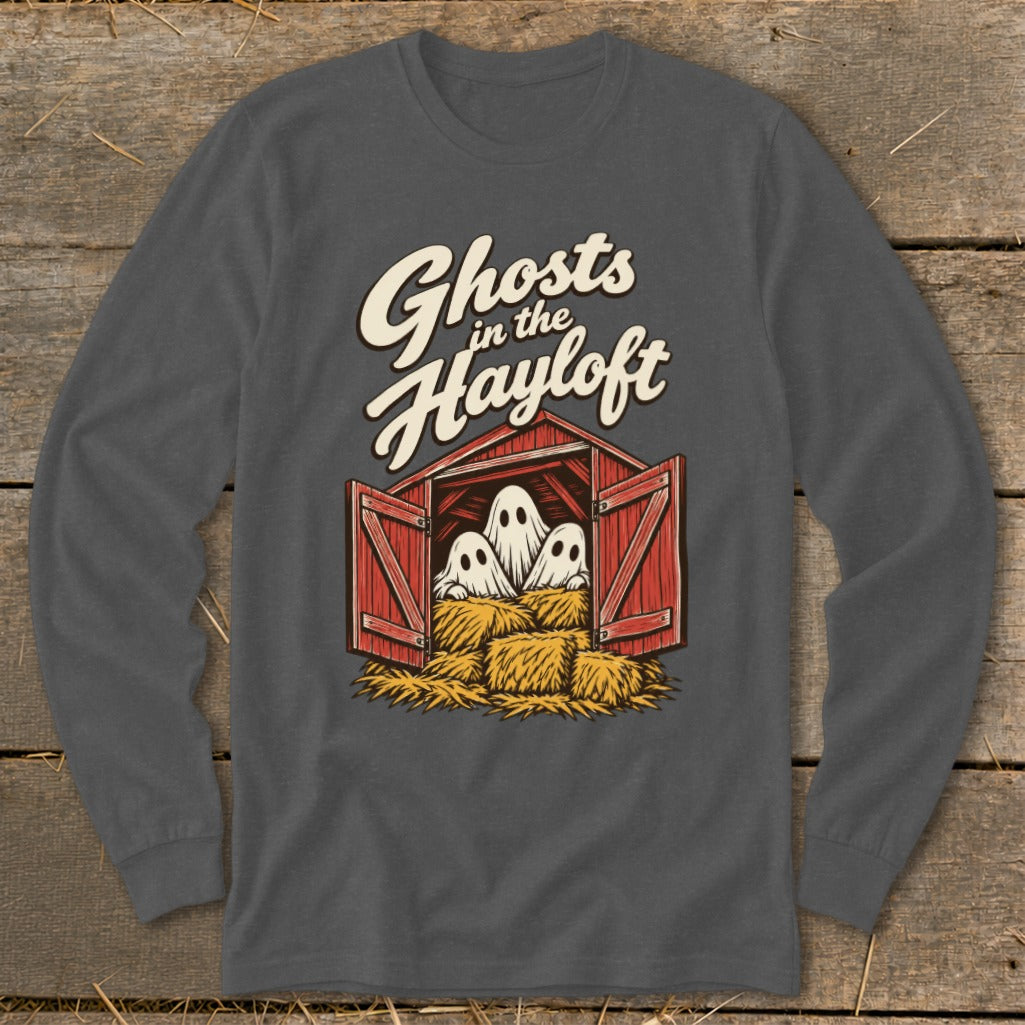 T-shirt graphic with "Ghosts in the Hayloft" text and cartoon ghosts in a barn.