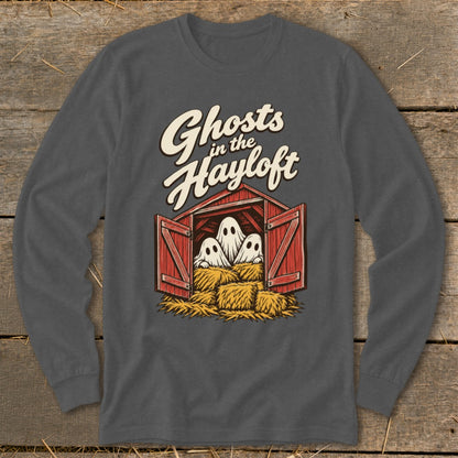 T-shirt graphic with "Ghosts in the Hayloft" text and cartoon ghosts in a barn.