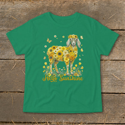 Green t-shirt with a goat made of sunflowers and butterflies, with "Hello Sunshine" text.