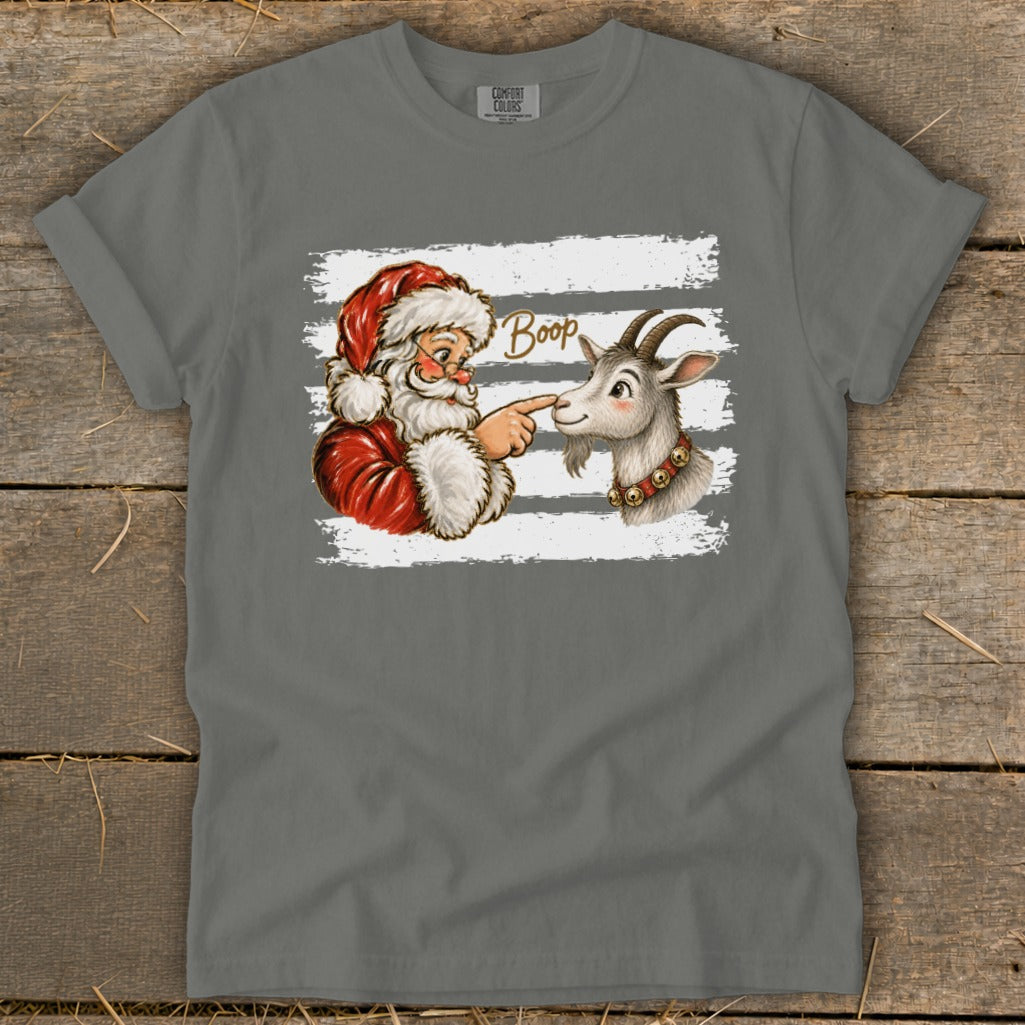 Santa booping a goat's nose with "Boop" text.