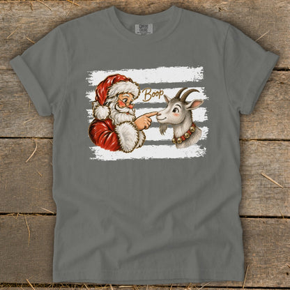 Santa booping a goat's nose with "Boop" text.