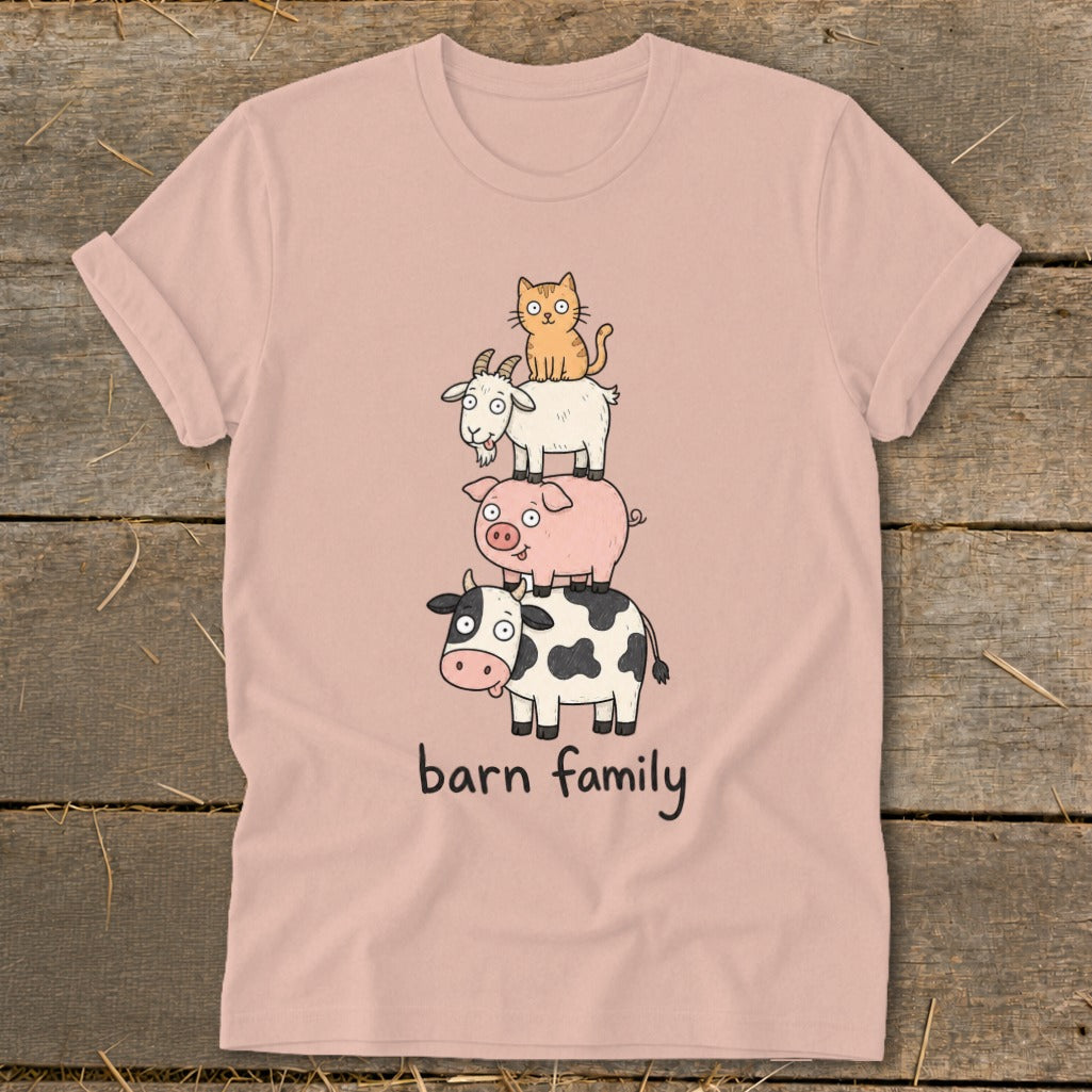 Pink t-shirt with stacked cartoon cow, pig, goat, and cat, with text "barn family".