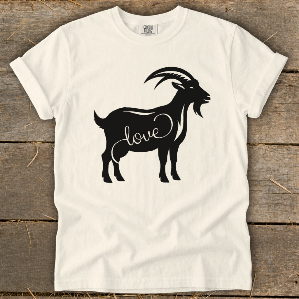 White t-shirt with black silhouette of a goat with the word "love" on its side.