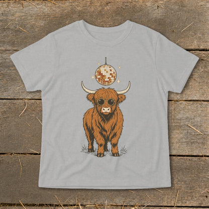 Highland cow wearing sunglasses with disco ball above its head.