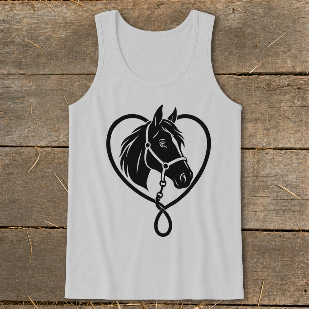 Light gray tank top featuring a black graphic of a horse head inside a heart.