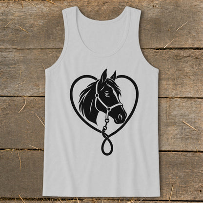 Light gray tank top featuring a black graphic of a horse head inside a heart.