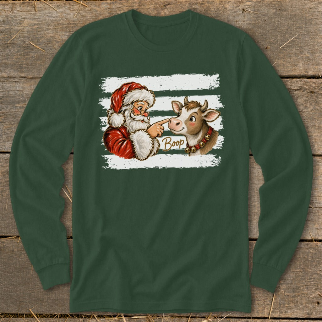 Santa Claus booping a cow with the word "Boop" on a dark green long-sleeve shirt.