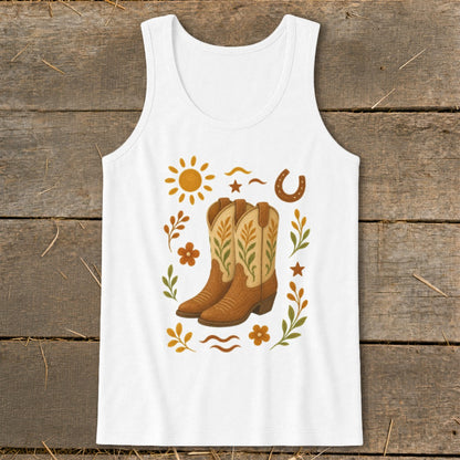 White tank top with cowboy boots, sun, horseshoe, and floral western graphic.