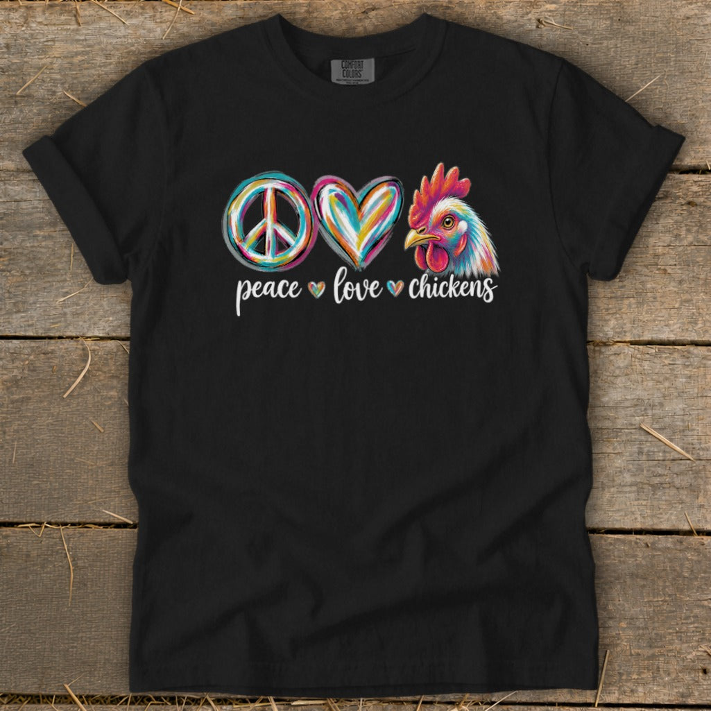 Black t-shirt with peace sign, heart, and chicken design with "peace love chickens" text.