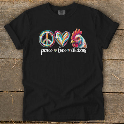 Black t-shirt with peace sign, heart, and chicken design with "peace love chickens" text.