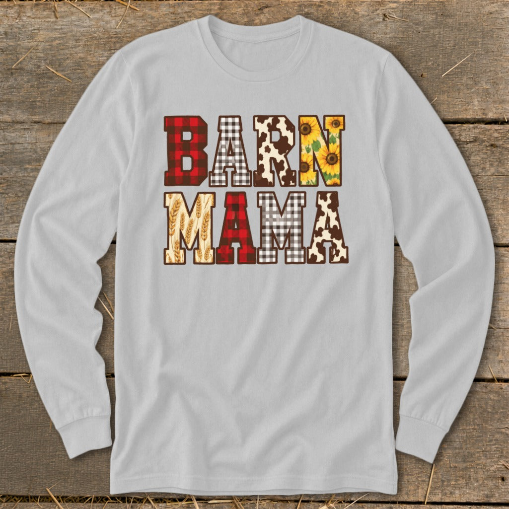Grey long-sleeve shirt with "BARN MAMA" text in patterned, textured letters.