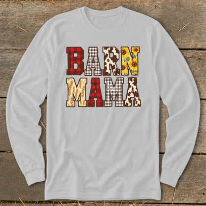 Grey long-sleeve shirt with "BARN MAMA" text in patterned, textured letters.