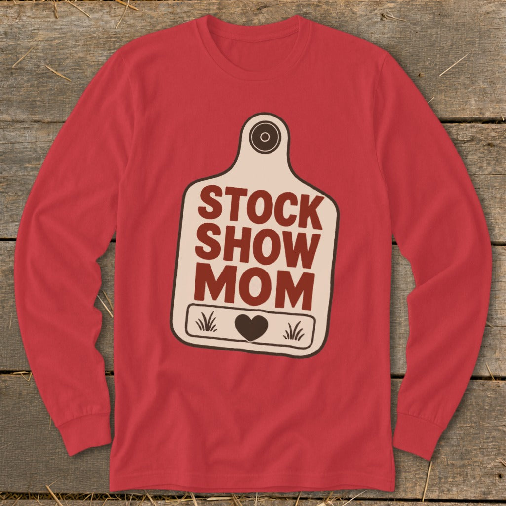 Red long-sleeve shirt with "STOCK SHOW MOM" text on a tag graphic.
