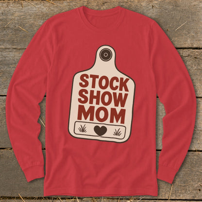 Red long-sleeve shirt with "STOCK SHOW MOM" text on a tag graphic.