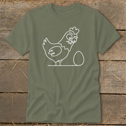 White line drawing of a surprised chicken next to an egg on an olive green t-shirt.