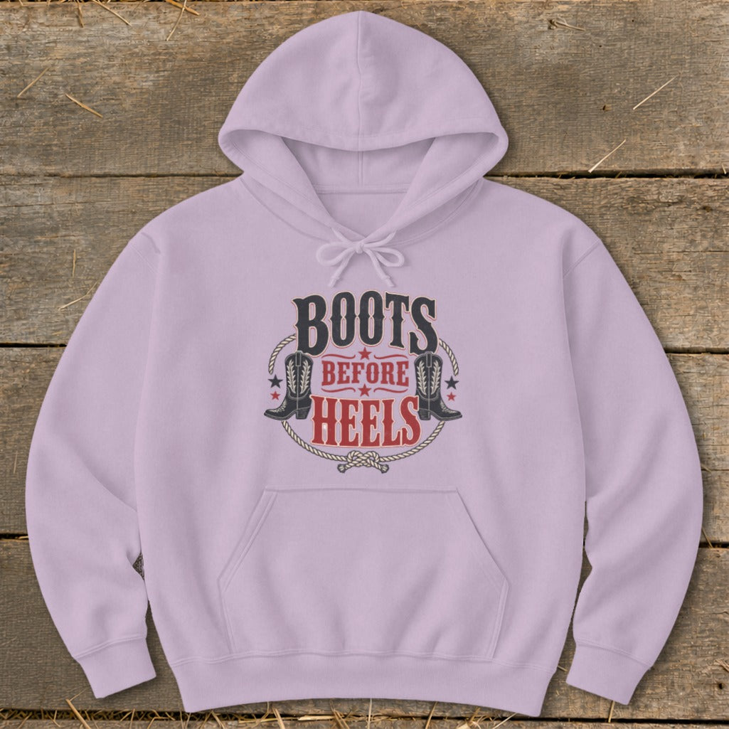 Light purple hoodie with "Boots Before Heels" text and cowboy boot graphics.