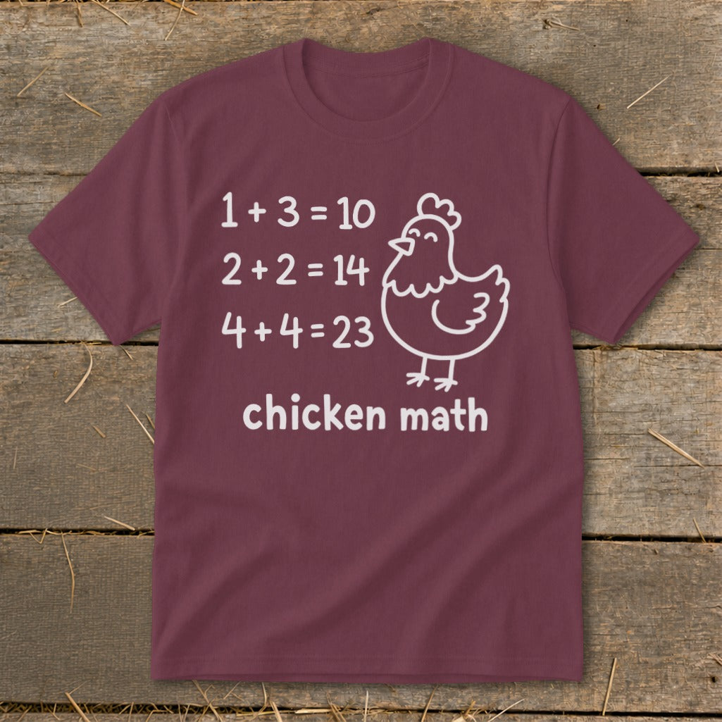 Burgundy t-shirt with "chicken math" equations and a cartoon chicken.
