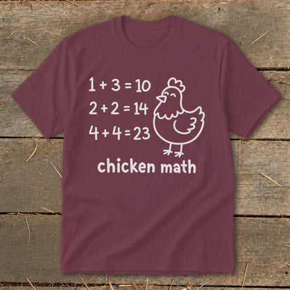 Burgundy t-shirt with "chicken math" equations and a cartoon chicken.