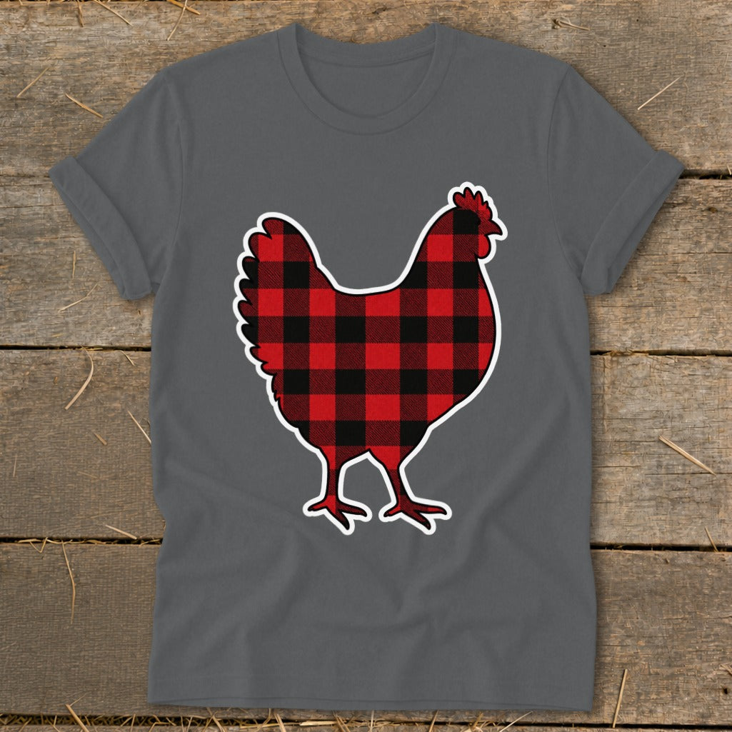 Gray t-shirt with buffalo plaid chicken graphic and white outline.