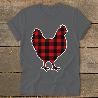 Gray t-shirt with buffalo plaid chicken graphic and white outline.