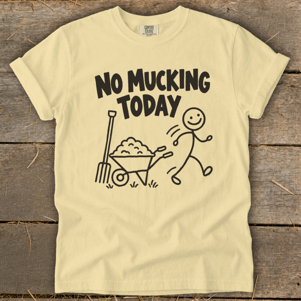 Pale yellow t-shirt with black text and graphic of a stick figure running from a wheelbarrow.