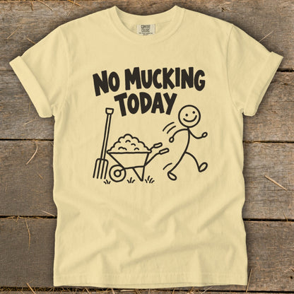 Pale yellow t-shirt with black text and graphic of a stick figure running from a wheelbarrow.