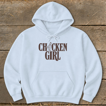 Light blue hoodie with brown "CHICKEN GIRL" text and a chicken illustration.