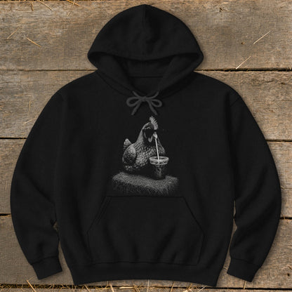 Black hoodie with a chicken drinking from a cup graphic.