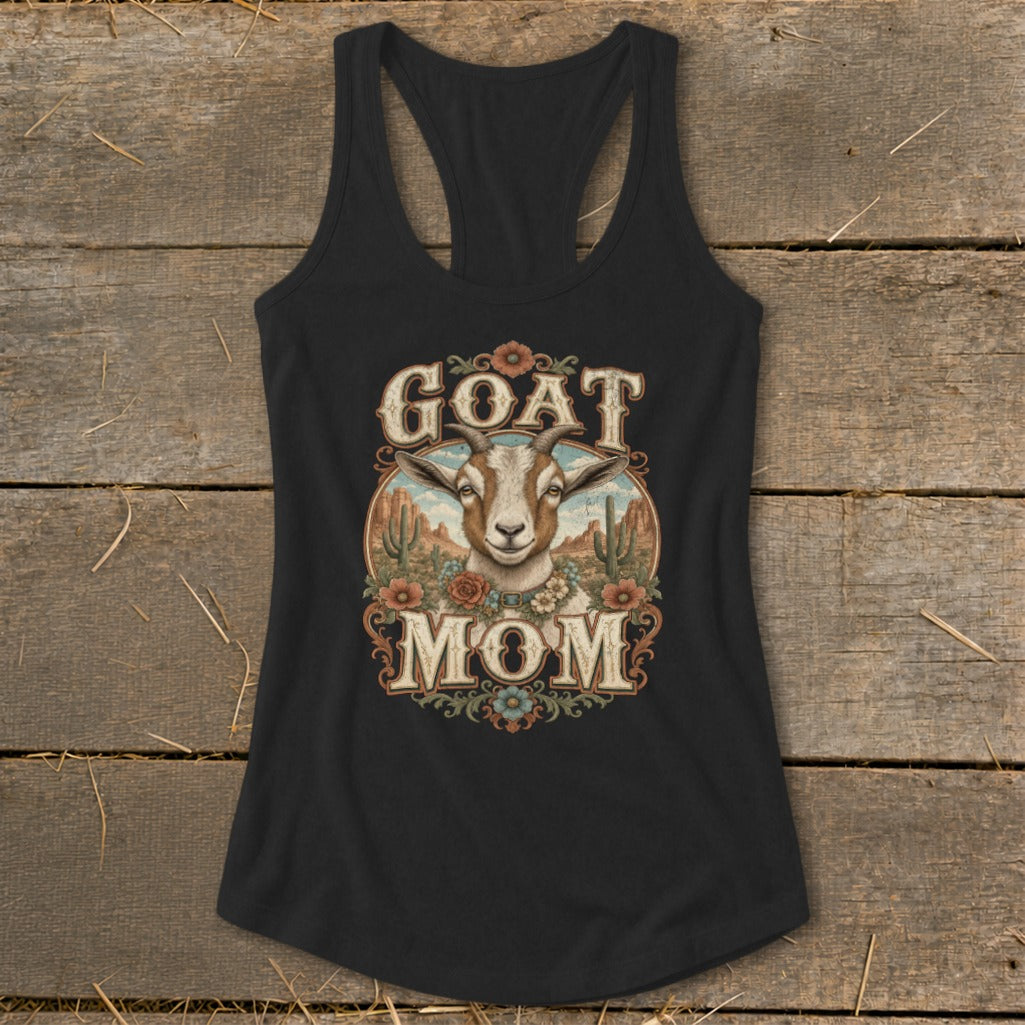 Black tank top with "GOAT MOM" text and a goat portrait in a desert scene.