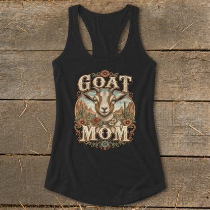 Black tank top with "GOAT MOM" text and a goat portrait in a desert scene.