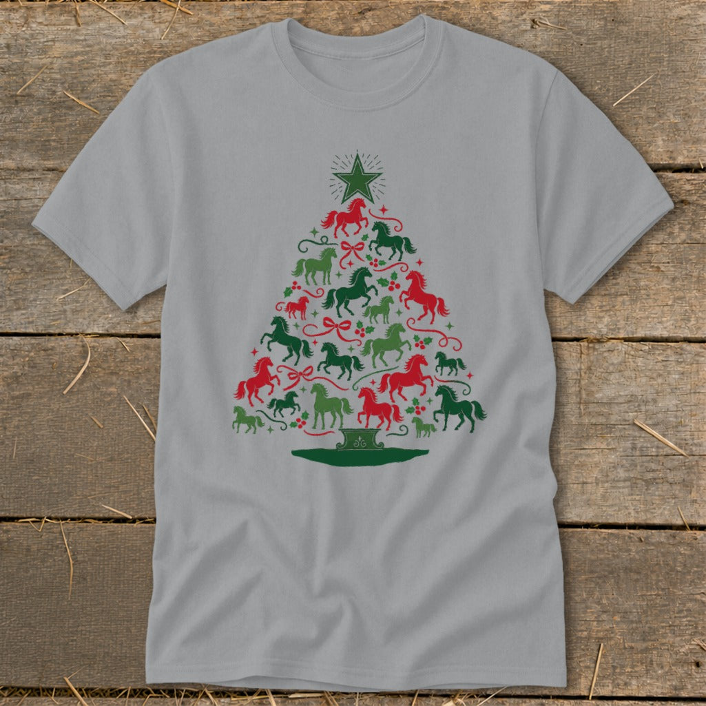 Grey t-shirt with a Christmas tree made of red and green horses.