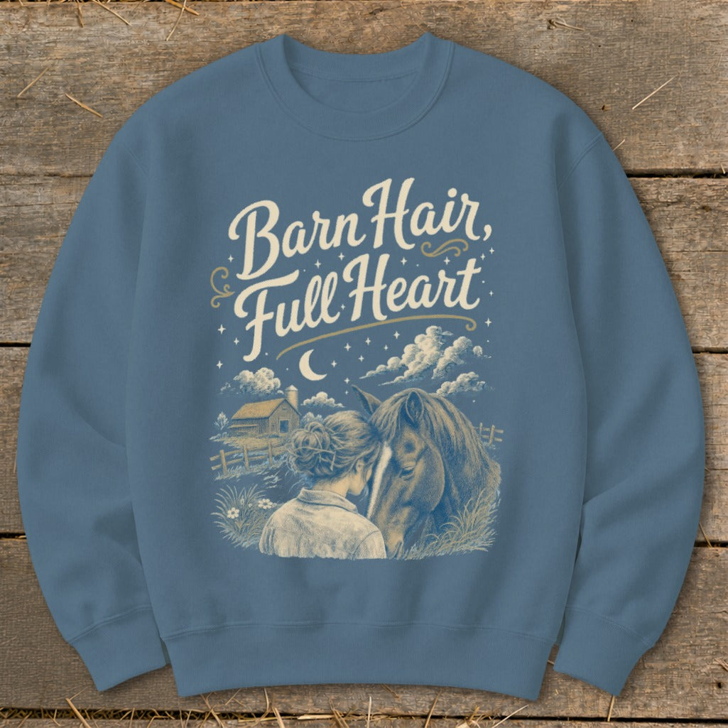 Sweatshirt with "Barn Hair, Full Heart" text and illustration of a girl and horse.