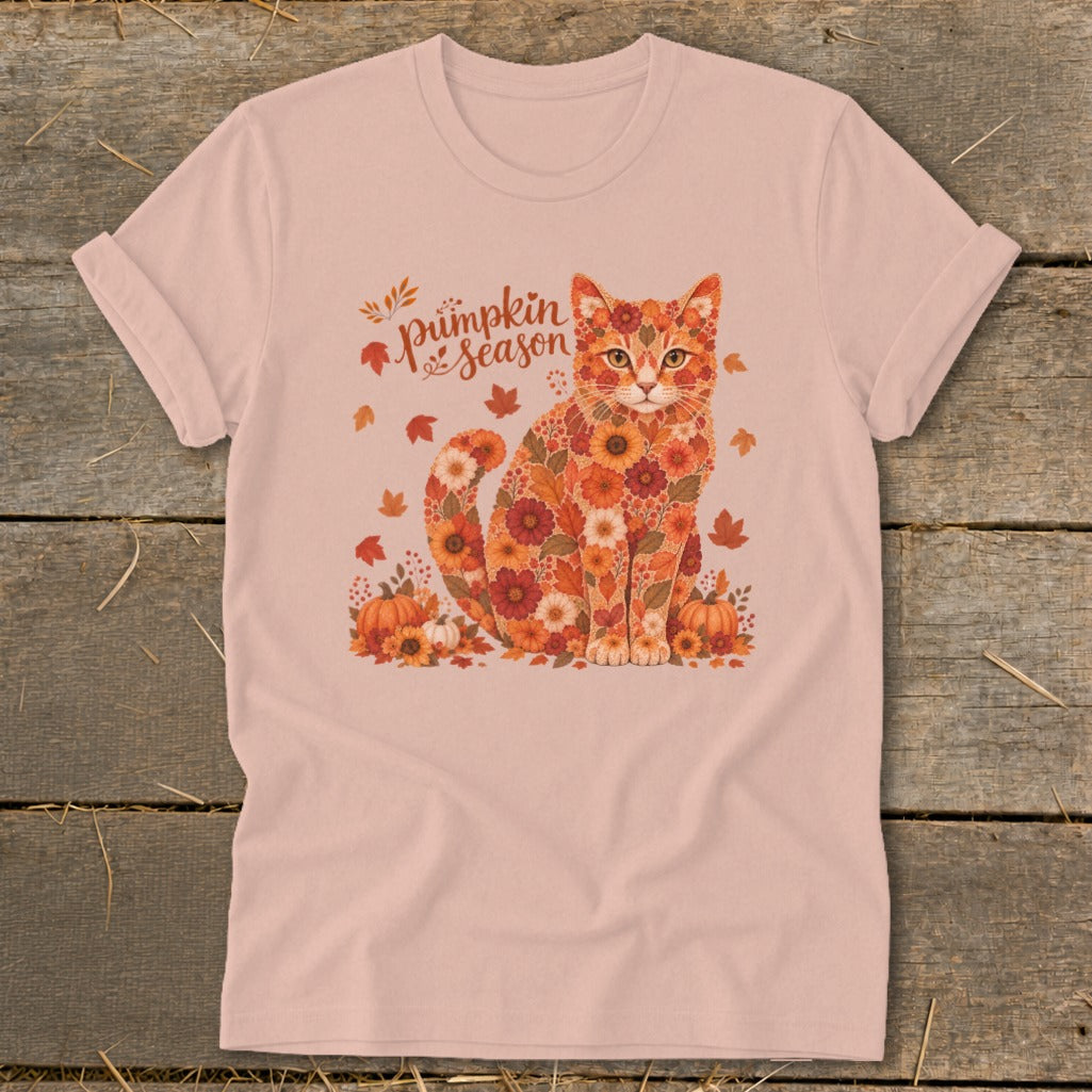Cat made of flowers and leaves with "Pumpkin Season" text.