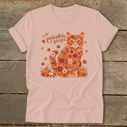 Cat made of flowers and leaves with "Pumpkin Season" text.
